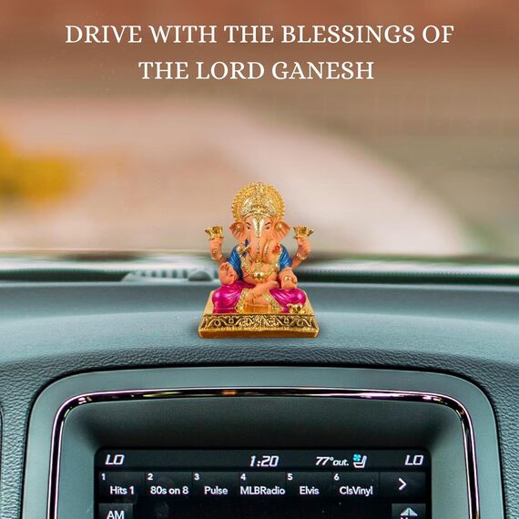 House Of Wemy Vergoldetes Lord Dagdusheth Ganesha Idol für Auto-Armaturenbrett, Ganesh Murti für Heimdekoration, Geschenk und Pooja-Zimmer, Kunstharz (mehrfarbig, 8,9 cm) – 1 Stück