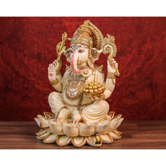 SHIVAJI ARTS Ganesha Statue 31cm Groß Handgemalt Staub Marmor Lord Ganesha Idol auf Lotus Ganapati Vinayaka Hinduistisches Glücksgeschenk für Neuanfang