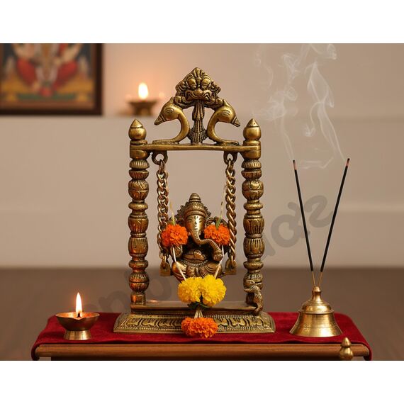 eSplanade 22,9 cm Premium Ganesha Idol auf Messing Swing | Messing Ganesha | Messing Visitenkarte Collectible Handwerk | Räucherstäbchen Pooja Artikel für Home | Home Decor | Messing Decor