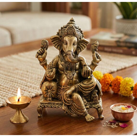 eSplanade Messing-Chowki Ganesha Ganpati Vinayak Showpiece | Murti Idol Statue Skulptur – 21 cm