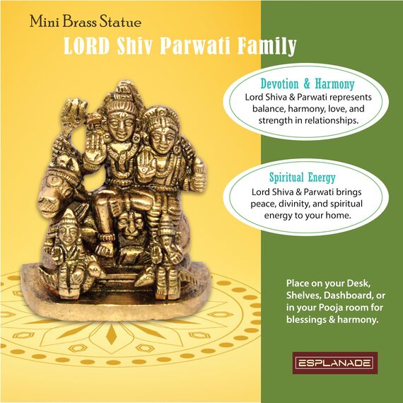 eSplanade Messing-Idol der Shiv-Parvati-Familie – Gott-Idol für das Armaturenbrett des Autos – 5,7 cm Shiv-Familien-Murti als Schreibtischdekoration | Schaustücke zur Einweihung