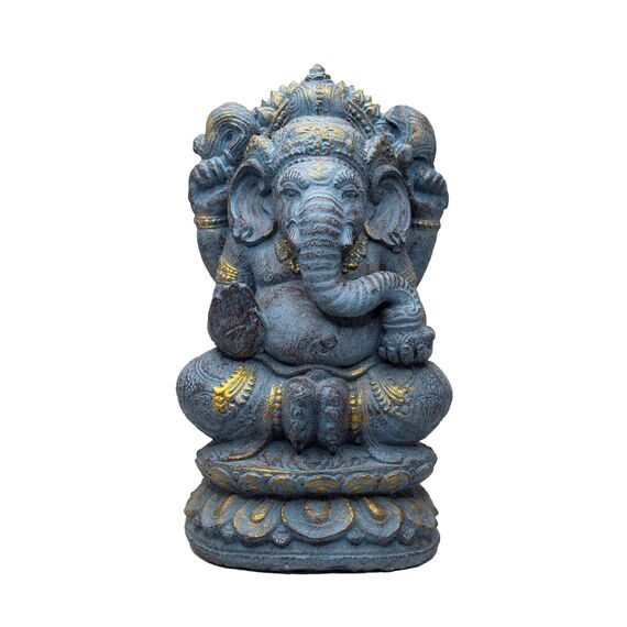 FaHome Ganesha Stein Figur Hindu Gottheit Skulptur Glück Statue ca. 35 cm Elefant-Kopf Blau