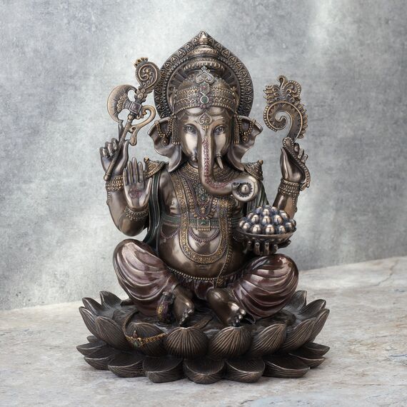 Veronese Design 24,5 cm Lord Ganesha sitzt auf Lotus Hindu-Gott Antik-Bronze-Finish Harz-Statue