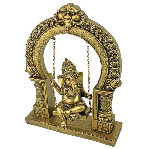 Design Toscano Elefantengott Lord Ganesha schwingt auf Einer Jhoola Hinduistische Statue, Polyresin, Antikes Gold, 25.5 cm