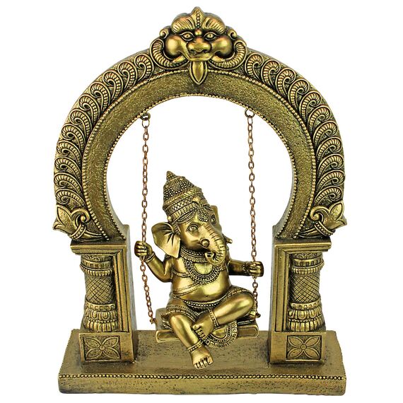 Design Toscano Elefantengott Lord Ganesha schwingt auf Einer Jhoola Hinduistische Statue, Polyresin, Antikes Gold, 25.5 cm