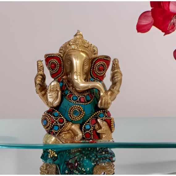Purpledip Hindu Religiösen Gott Statue der Lord Ganesha (ganapathi Oder vinayaka) in Massiv Messing Metall mit Türkis Gem-Stone Work (10320)
