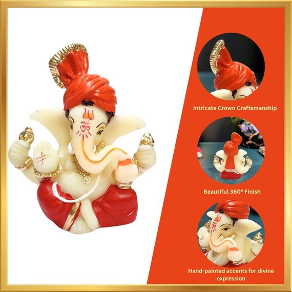 Gold Art India Polyresin Lord Ganesha Idol for Car Dashboard, Home, Office, Ganpati Statue for Mandir Decor Handcrafted Ganesh Murti (5.1 x 6.3 cm, Red & Orange)
