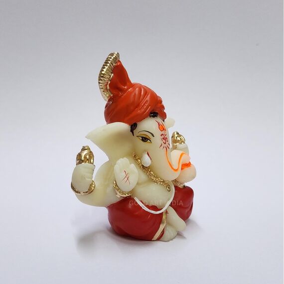 Gold Art India Polyresin Lord Ganesha Idol for Car Dashboard, Home, Office, Ganpati Statue for Mandir Decor Handcrafted Ganesh Murti (5.1 x 6.3 cm, Red & Orange)