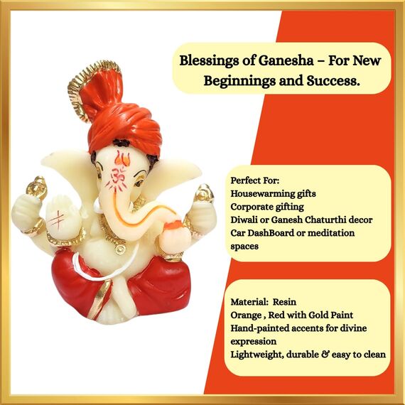 Gold Art India Polyresin Lord Ganesha Idol for Car Dashboard, Home, Office, Ganpati Statue for Mandir Decor Handcrafted Ganesh Murti (5.1 x 6.3 cm, Red & Orange)