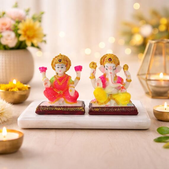 IBA Indianbeautifulart 11 cm Lord Laxmi & Ganesha Poly Marmor Statue Detailgetreu Modelliert Idol Fur Auto Armaturenbrett Wohnkultur Geschenk