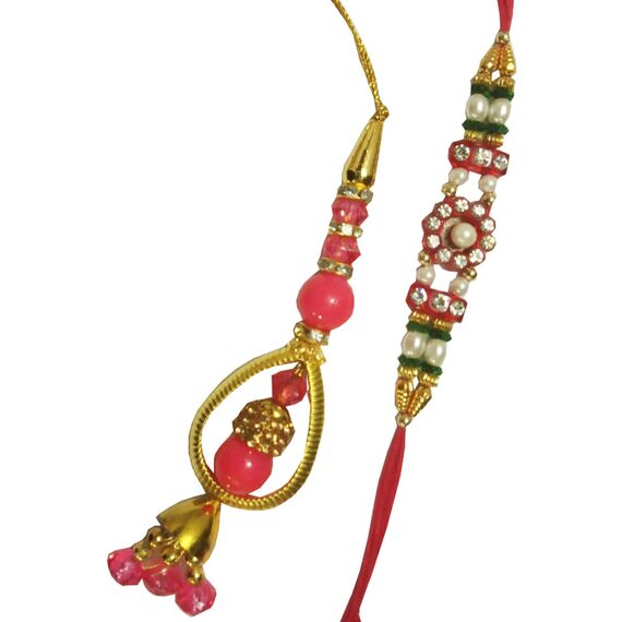 Purpledip Bhai Dooj Rakhi Hamper: Bhai Rakhi Armband, Bhabhi Rakhi (Lumba oder Latkan), Ganesha Lakshmi Statue, Roli Tika (rakhi84), Standard, Messing Kunststoff
