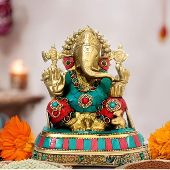 Purpledip Ganesha-Statue aus Messing mit farbigen Edelsteinen in seltener Antik-Optik, indisches Geschenk, Metallskulptur (10016)