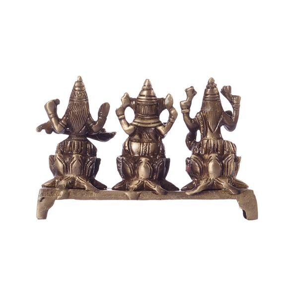 eCraftIndia Antique Finish Laxmi Ganesha Saraswati on Lotus Base Brass Showpiece (13 cm x 4 cm x 9, Brown)