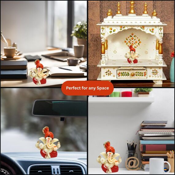Gold Art India Polyresin Lord Ganesha Idol for Car Dashboard, Home, Office, Ganpati Statue for Mandir Decor Handcrafted Ganesh Murti (5.1 x 6.3 cm, Red & Orange)