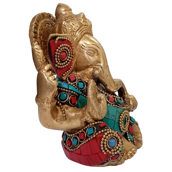 Purpledip Hindu Religiösen Gott Statue der Lord Ganesha (ganapathi Oder vinayaka) in Massiv Messing Metall mit Türkis Gem-Stone Work (10320)