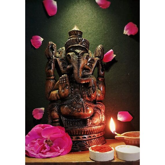 Tarini Gallery Ganesh Ganesha Ganpati Holzstatue Skulptur Idol Murti für Zuhause Tempel Schreibtisch Dekoration Pooja Geschenk Indisch 17,8 cm