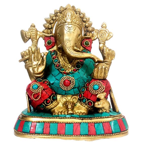 Purpledip Ganesha-Statue aus Messing mit farbigen Edelsteinen in seltener Antik-Optik, indisches Geschenk, Metallskulptur (10016)