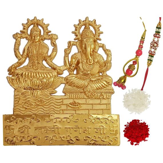Purpledip Bhai Dooj Rakhi Hamper: Bhai Rakhi Armband, Bhabhi Rakhi (Lumba oder Latkan), Ganesha Lakshmi Statue, Roli Tika (rakhi84), Standard, Messing Kunststoff