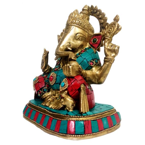 Purpledip Ganesha-Statue aus Messing mit farbigen Edelsteinen in seltener Antik-Optik, indisches Geschenk, Metallskulptur (10016)