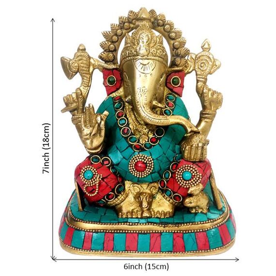 Purpledip Ganesha-Statue aus Messing mit farbigen Edelsteinen in seltener Antik-Optik, indisches Geschenk, Metallskulptur (10016)