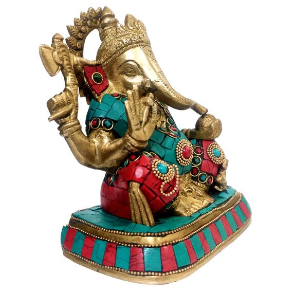 Purpledip Ganesha-Statue aus Messing mit farbigen Edelsteinen in seltener Antik-Optik, indisches Geschenk, Metallskulptur (10016)
