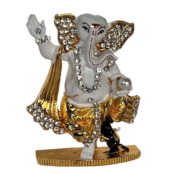 BEXCO Ganesha Ji Moorti Idol/Ganpati Statue Ganesha mit Metallsteinen besetzt, weiß und goldfarben, 7 x 5 x 2 cm