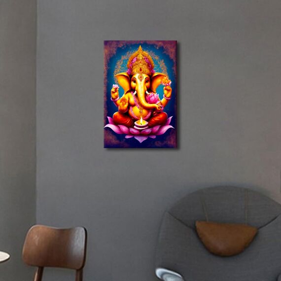 TISHIRON Indische Wandkunstbilder für Wohnzimmer, gerahmt, Ganesha, der Herr der Weisheit, Gemälde, Hinduismus, Gott, Wandkunst, Leinwand, zeitgenössisches Kunstwerk, Heimdekoration, Giclée-Galerie,