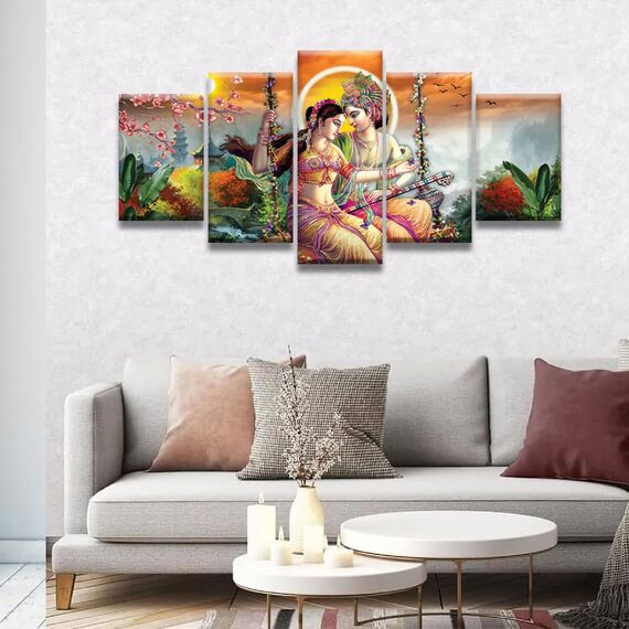Lord Radha Krishna Wandkunst für Wohnzimmer, 5-teilig, Querflöte, hinduistischer religiöser Lord Radha Krishna, Wanddekoration für Schlafzimmer, Hindu-Gott, Kunstdruck, Gemälde auf Leinwand, gerahmt,