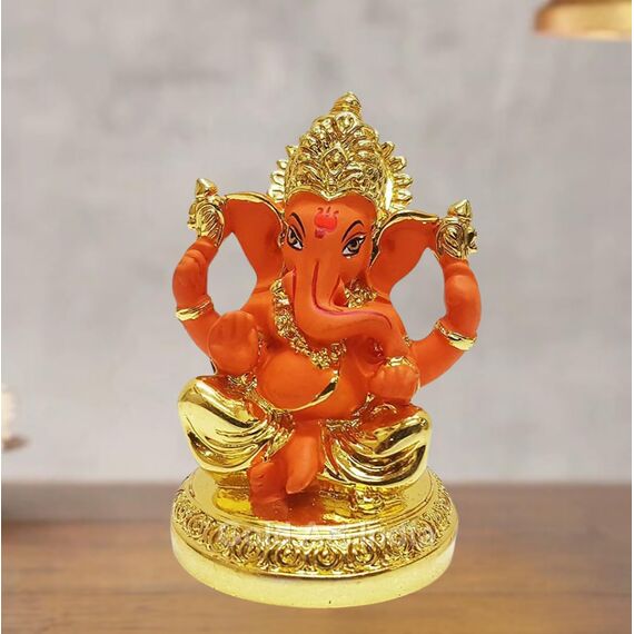 Gold Art India Keramik Ganesha Auto Armaturenbrett Idol 3 Zoll Gold und Orange