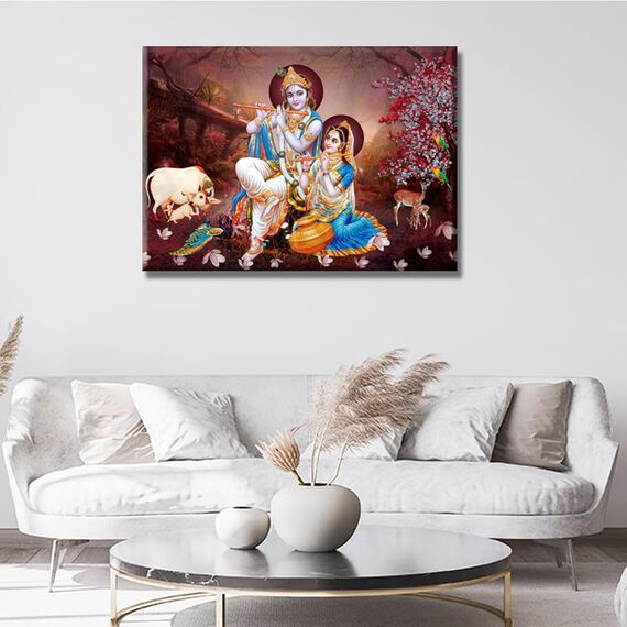 1 Panel Radha Krishna Bilder für Wohnzimmer, Hinduismus, Leinwand, Wandkunst, Hausdekoration, indischer Gott, moderne Bürowanddekoration, Flöte, Hindu, religiös, gerahmt, große Wandkunst für Zuhause,
