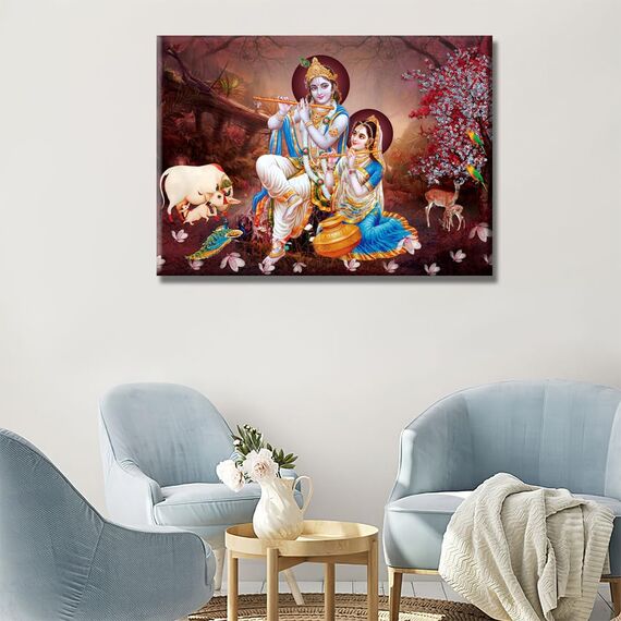 1 Panel Radha Krishna Bilder für Wohnzimmer, Hinduismus, Leinwand, Wandkunst, Hausdekoration, indischer Gott, moderne Bürowanddekoration, Flöte, Hindu, religiös, gerahmt, große Wandkunst für Zuhause,