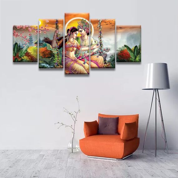Lord Radha Krishna Wandkunst für Wohnzimmer, 5-teilig, Querflöte, hinduistischer religiöser Lord Radha Krishna, Wanddekoration für Schlafzimmer, Hindu-Gott, Kunstdruck, Gemälde auf Leinwand, gerahmt,