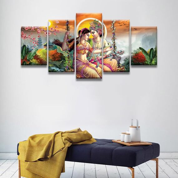 Lord Radha Krishna Wandkunst für Wohnzimmer, 5-teilig, Querflöte, hinduistischer religiöser Lord Radha Krishna, Wanddekoration für Schlafzimmer, Hindu-Gott, Kunstdruck, Gemälde auf Leinwand, gerahmt,