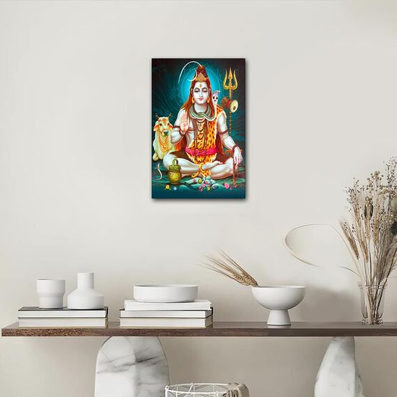 Lord Shiva Leinwand-Kunst, Hinduismus, kulturelle Heimdekoration, 1 Stück, indische Götter, Shiv Shankar, Wanddekoration, indische Gottheit, Wandgemälde, Kunstwerk, gerahmt, fertig zum Aufhängen,