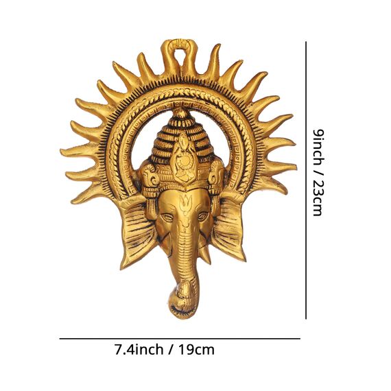 TIED RIBBONS Ganesha Wall Hanging 9 Inch | Metal Ganesh Face with Sun Statue | Indian God Idol | Traditional Wall Décor Antique Ganpati Statue for Home, Entrance, Temple décor and Festival