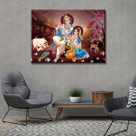 1 Panel Radha Krishna Bilder für Wohnzimmer, Hinduismus, Leinwand, Wandkunst, Hausdekoration, indischer Gott, moderne Bürowanddekoration, Flöte, Hindu, religiös, gerahmt, große Wandkunst für Zuhause,