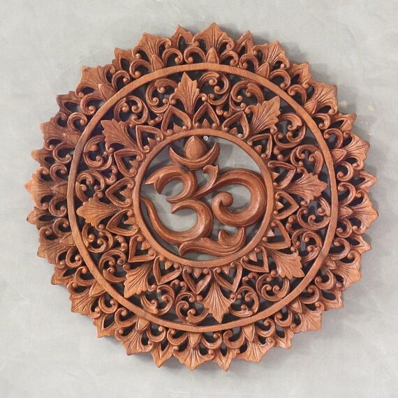 Oriental Galerie Wandbild Wanddeko Rund Mandala Relief Aum Symbol Mythologie Deko Soar Holz Ohm Om 40 cm