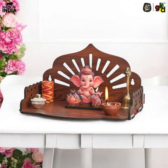 Gift Kya De Hölzerner Pooja-Mandir für Zuhause, Wandbehang oder Tischtempel für Büro, Wohnung oder Zimmer, kleines indisches Holz-Tempelregal, kompaktes DIY OM Mandir, 25,4 x 15,2 x 16,5 cm