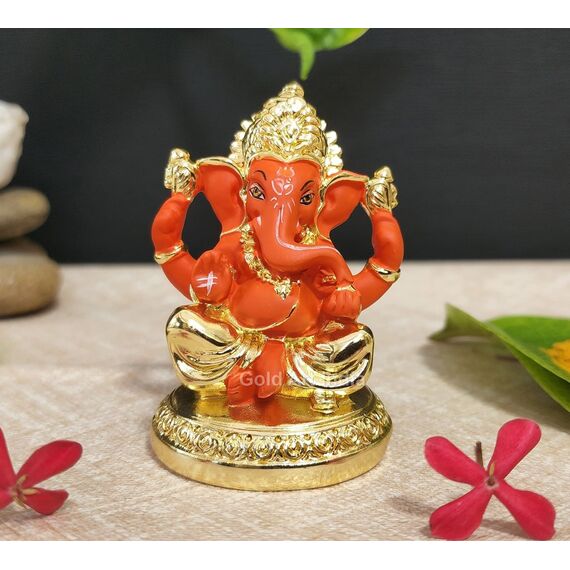 Gold Art India Keramik Ganesha Auto Armaturenbrett Idol 3 Zoll Gold und Orange