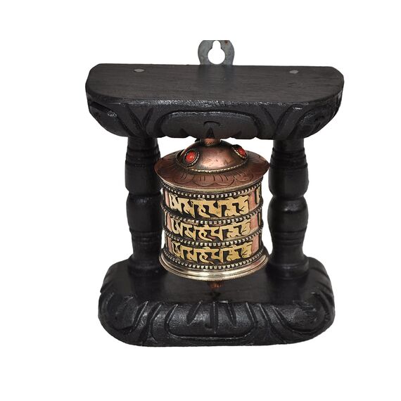 Dharma Store - Tibetisches Gebetsrad - Handgeschnitzt aus Holz und Metall: Om Mani Padme Hum. Wandmontage