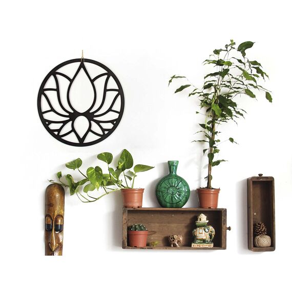 CONTRAXT Lotusblume deko wanddeko holz. Lotusblüte deko wanddeko deko lotus flower bild deko wand holz Vintage Garten deko Meditation zubehör 3d Mandala wandbild Nicht-Metall (Lotusblume, Schwarz)
