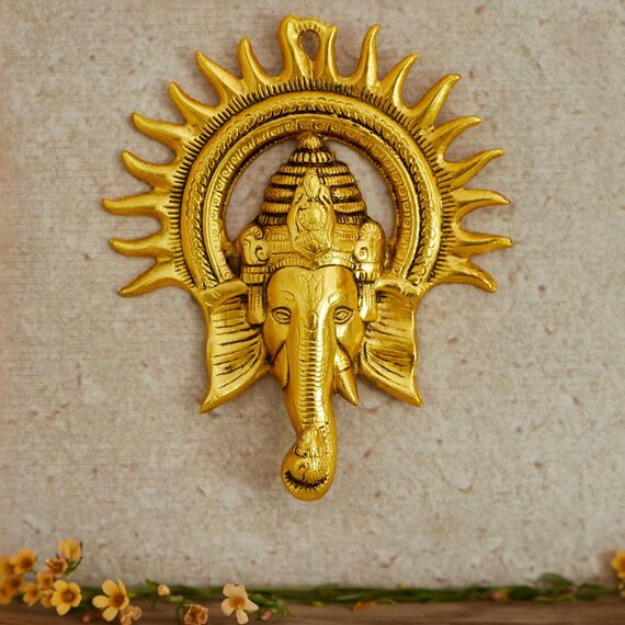 TIED RIBBONS Ganesha Wall Hanging 9 Inch | Metal Ganesh Face with Sun Statue | Indian God Idol | Traditional Wall Décor Antique Ganpati Statue for Home, Entrance, Temple décor and Festival