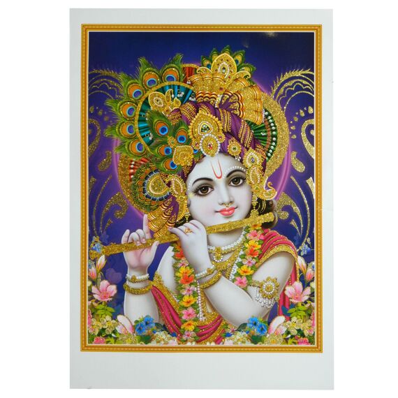 indischerbasar.de Bild Krishna 50 x 70 cm Gottheit Hinduismus Kunstdruck Plakat Poster Gold Indien Hochglanz Dekoration