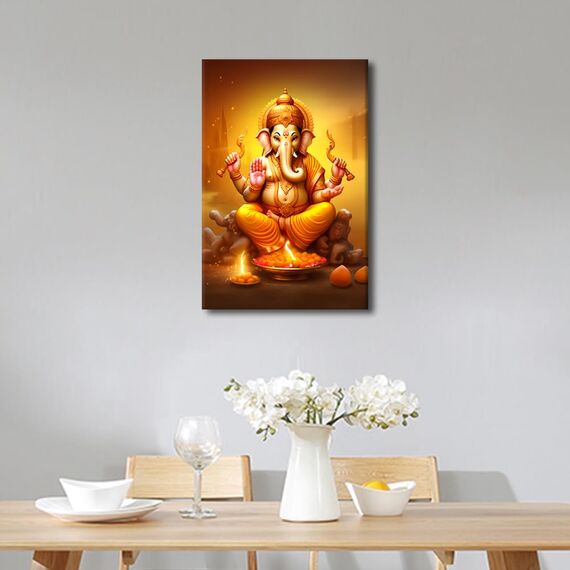 TISHIRON Modernes indisches Ganesha-Ölgemälde auf Leinwand, Wandkunst für Wohnzimmer, Schlafzimmer, Büro – Hindu-Gott, religiöses gerahmtes Kunstwerk – Hausdekoration, 61 x 40,6 cm