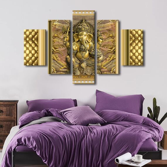 TUMOVO Leinwanddruck, Motiv: Goldener Ganesha, Motiv: indischer Gott, Gemälde für Wohnzimmer, Hindu-Gläubige, moderne Leinwandkunst, gerahmt, Hausdekoration für Schlafzimmer, Büro, fertig zum