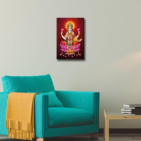TISHIRON Raumwandbilder, indischer Gott Laxmi Maa, Gemälde, 1 Stück, Leinwand, indischer Diwali, Hinduismus, Religion, modernes Kunstwerk, Heimdekoration für Wohnzimmer, gerahmt, fertig zum Aufhängen,