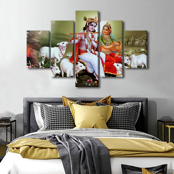TUMOVO 5 Paneele Lord Radha Krishna Wandkunst für Zuhause Wanddekoration Hinduismus Leinwand Wandkunst, Hindu-Gott Poster Drucke Indien religiöse Bilder für Heimdekoration Wohnzimmer, 152.4 cm Bx40 H