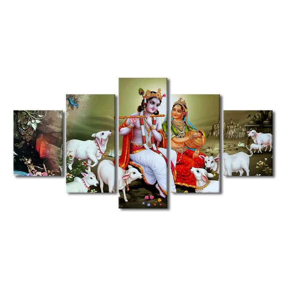 TUMOVO Lord Radha Krishna Wandkunst für Wohnzimmer, Indien, religiöse Gemälde auf Leinwand, Hindu-Gott, Bilder, 5 Paneele, modernes Kunstwerk, Heimdekoration, Poster, Drucke, gerahmt, aufgespannt,