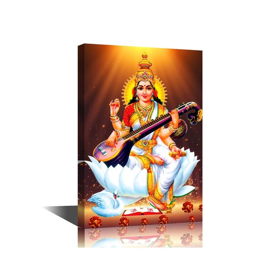 Schlafzimmer-Dekor, Maa Saraswati, Wandkunst, indischer Gott, Poster auf Leinwand, 1 Stück, Göttin, Wanddekoration, Heimdekoration für Wohnzimmer, Büro, Badezimmer, gerahmt, fertig zum Aufhängen, 40,6