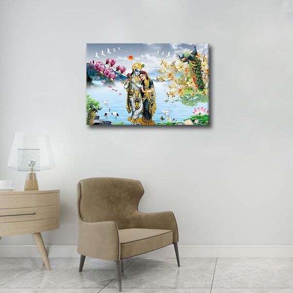 Lord Krishna Wandgemälde für Wohnzimmer, indischer Gott, modernes Büro, Wandkunst, große Wanddekoration, religiöse Kultur, Leinwand, Wandkunst für Schlafzimmer, Kunstwerk, Giclée-Dekoration, gerahmt,